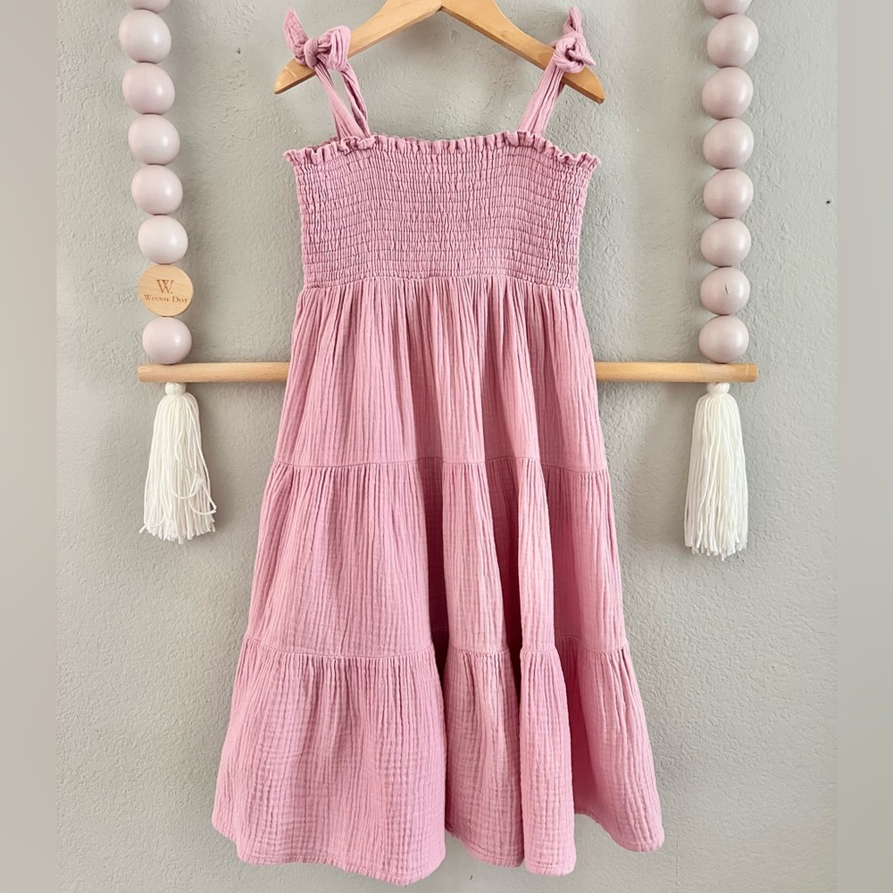 Vivie & Ash Smocked Tie-Shoulder Twirl Dress - Pink